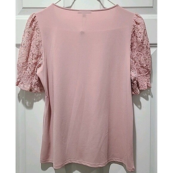 NWT $69 Adrianna Papell Blush Pink Square Neck Slinky Puff Lace Short Sleeve Top - Picture 5 of 9